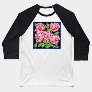 Pink Roses Majolica Floral Tile Baseball T-Shirt